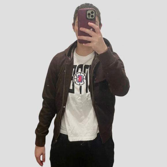 OBEY Rebel Yell Fleece Juniors Brown Faux Cracked Leather Zip Up Hooded Jacket. - Picture 13 of 14
